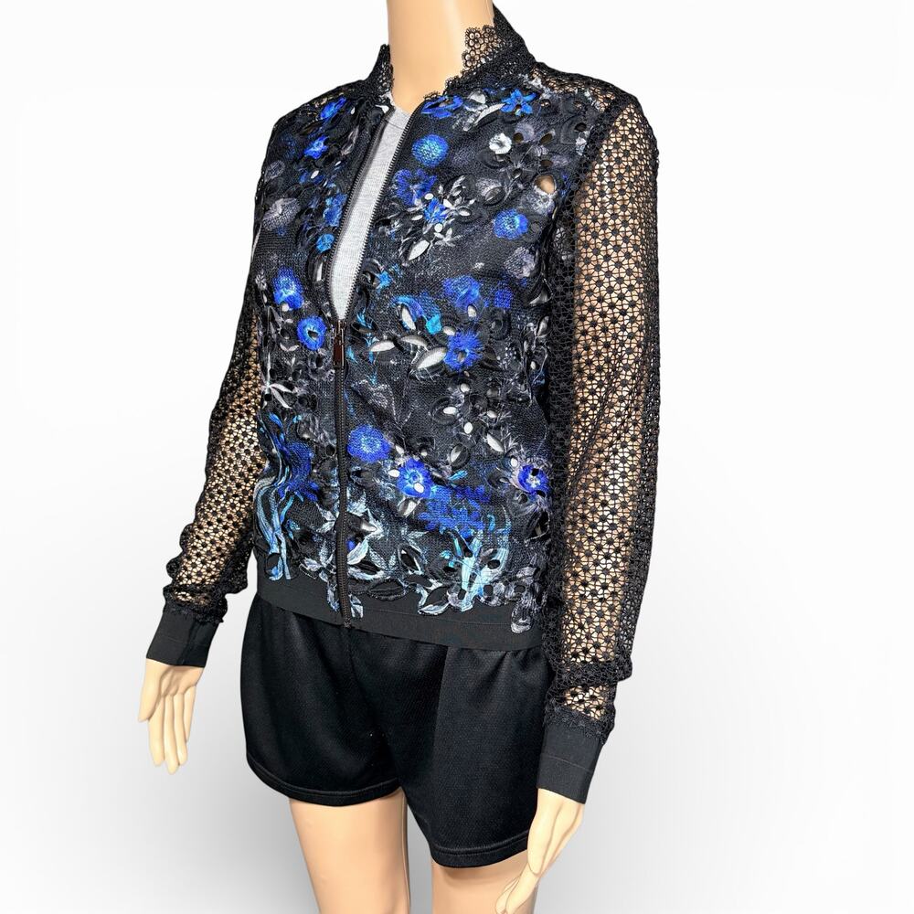 Elie Tahari Womens Brandy Floral Lace Bomber Jacket Sheer Black Blue XS - Picture 8 of 13